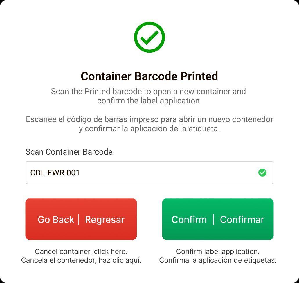 Container barcode printed confirmation