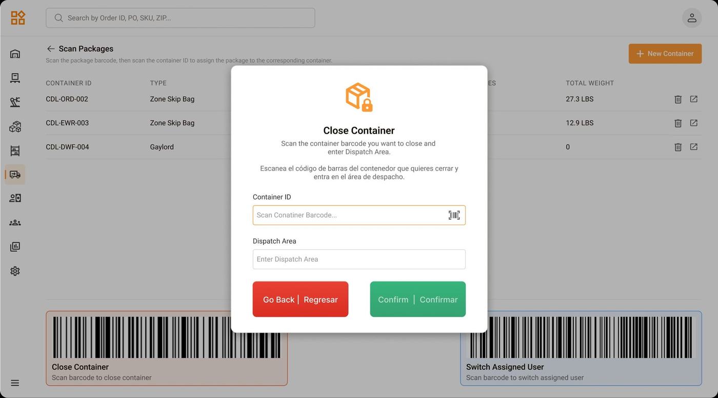 Close container modal